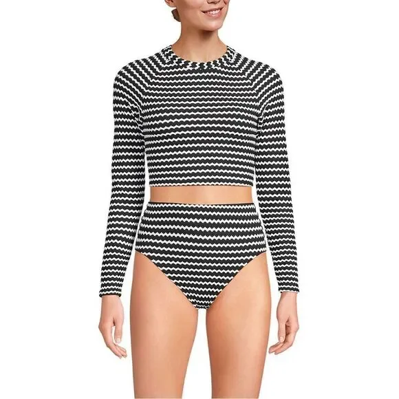Land's End Plus Size Crochet long sleeve bikini top built-in bra black white 2X